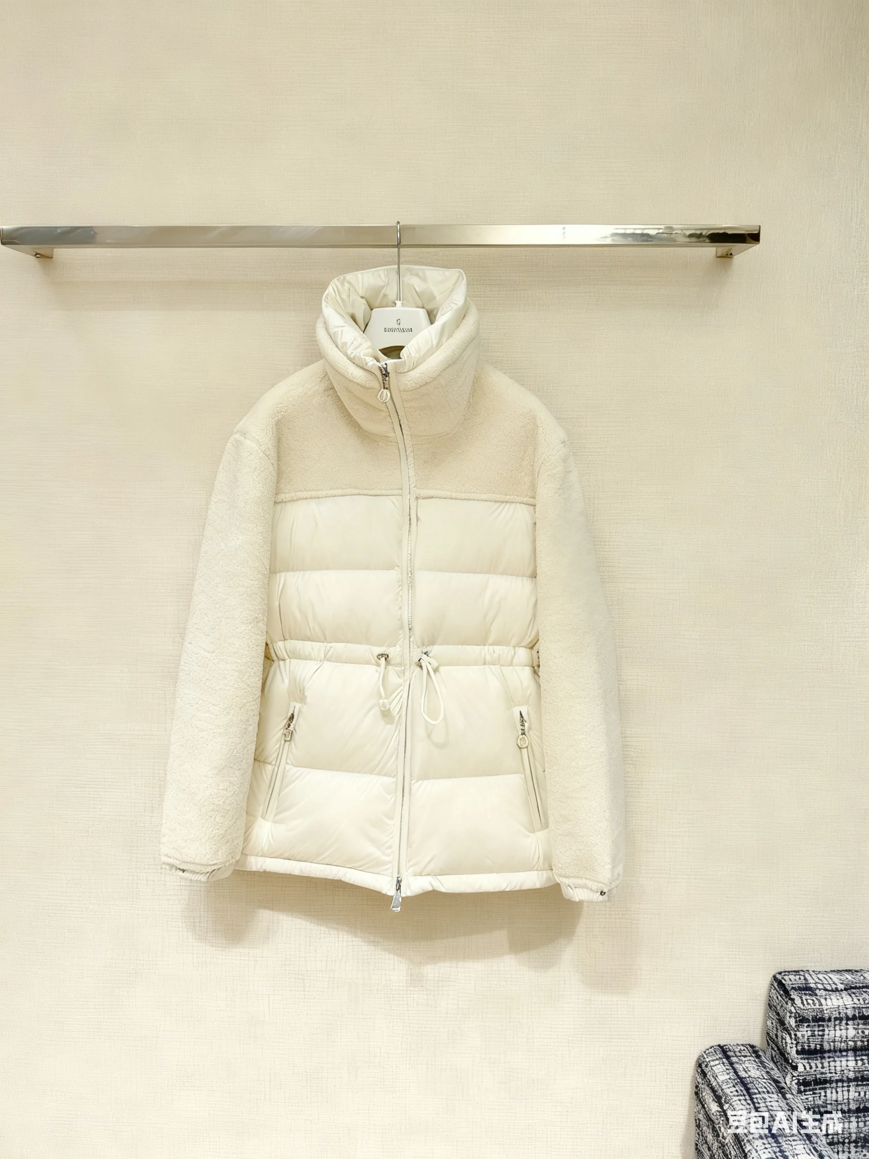 2025 Winter New Women's Beige Shearling Patchwork Puffer Jacket Drawstring Waist Turtleneck Warm Coat Casual Outerwear