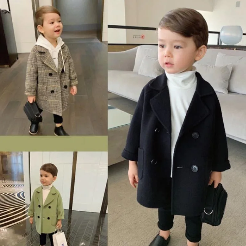 Spring Autumn 2023 Boys Jackets Child Girl Woolen Double-breasted Baby Trench Coat Lapel Kids Outerwear Winter Wool Overcoat