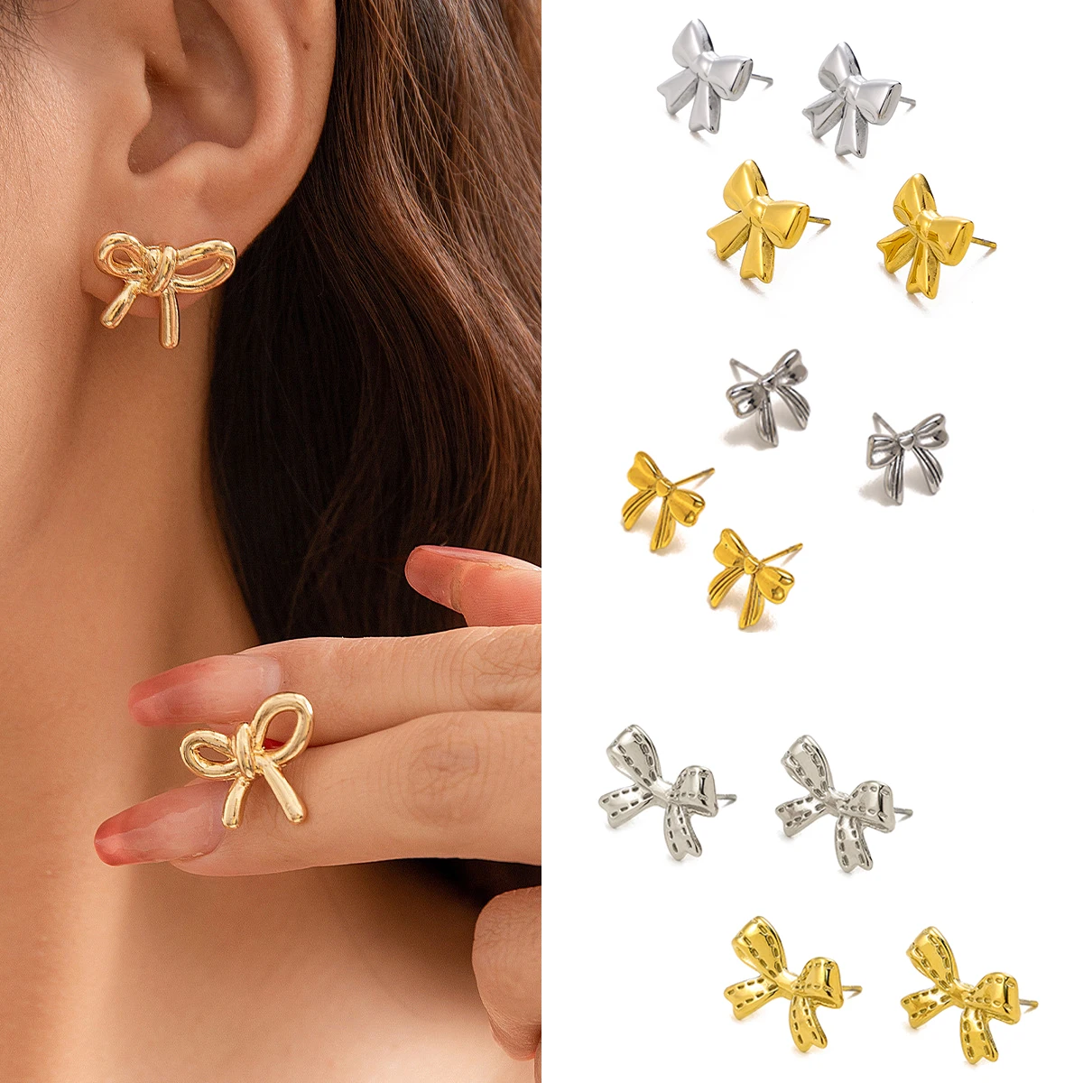 

CARLIDANA New Arrival Trendy Gold Plated Bowknot Earrings Simple Stainless Steel Earrings Fashion Heart Bow Girl Stud Earrings