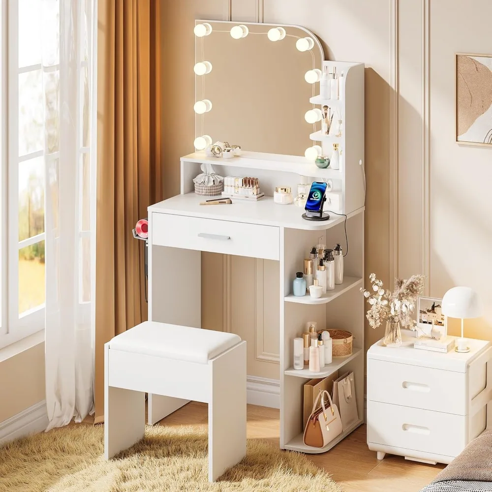 

Small makeup vanity with mirror and light, mini vanity with chair and charging station, 3 color lighting modes
