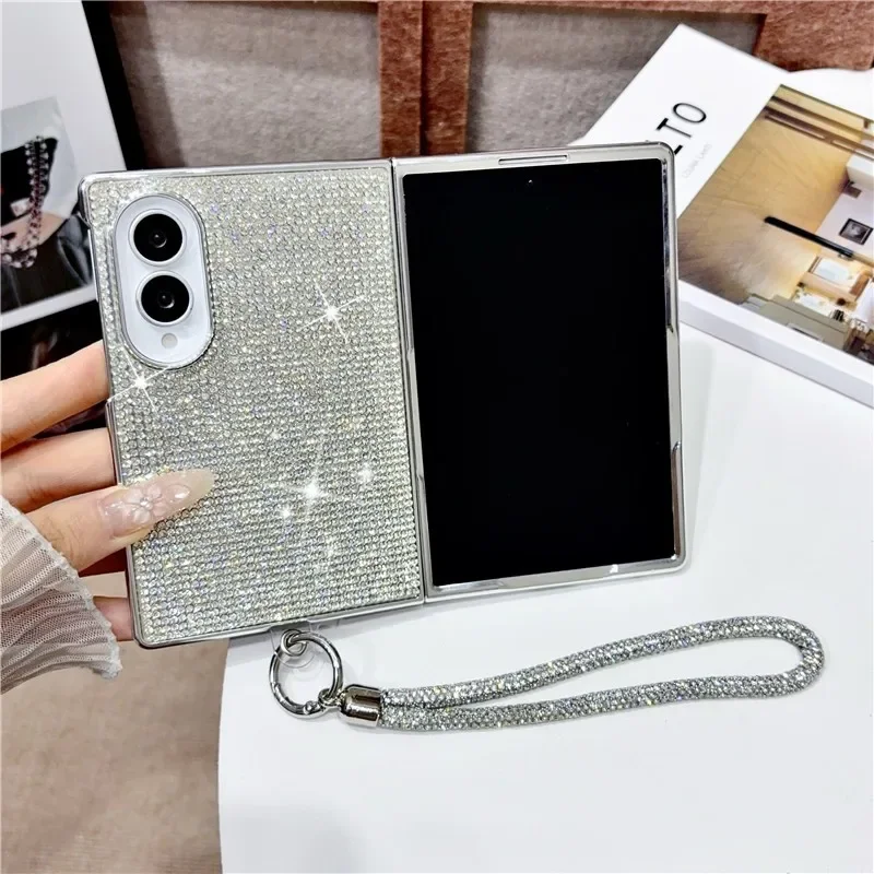 Luxury Bling Full Diamond Phone Case For Samsung Galaxy Z Fold 8 Ultra 7 6 5 4 Fold8 5G Glitter Hand Strap Plating Hard Cover