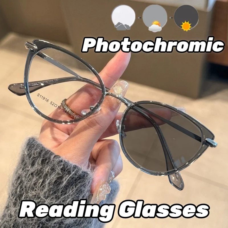 

Photo Sensitive Color Changing Cat Eye Metal Frame Reading Glasses High-definition Anti Blue Light Versatile Presbyopia Glasses