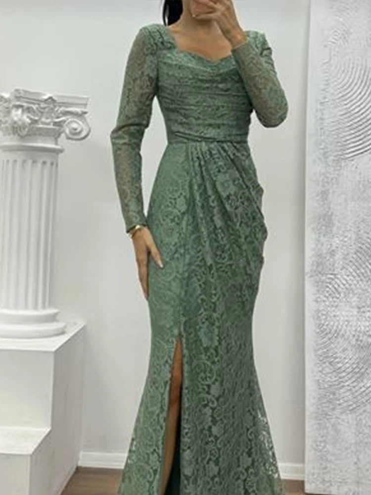 

Женские повседневные кружевные платья с вышивкой и длинными рукавами, элегантные однотонные тонкие платья «рыбий хвост», сексуальное вечернее платье с v-образным вырезом и разрезом
