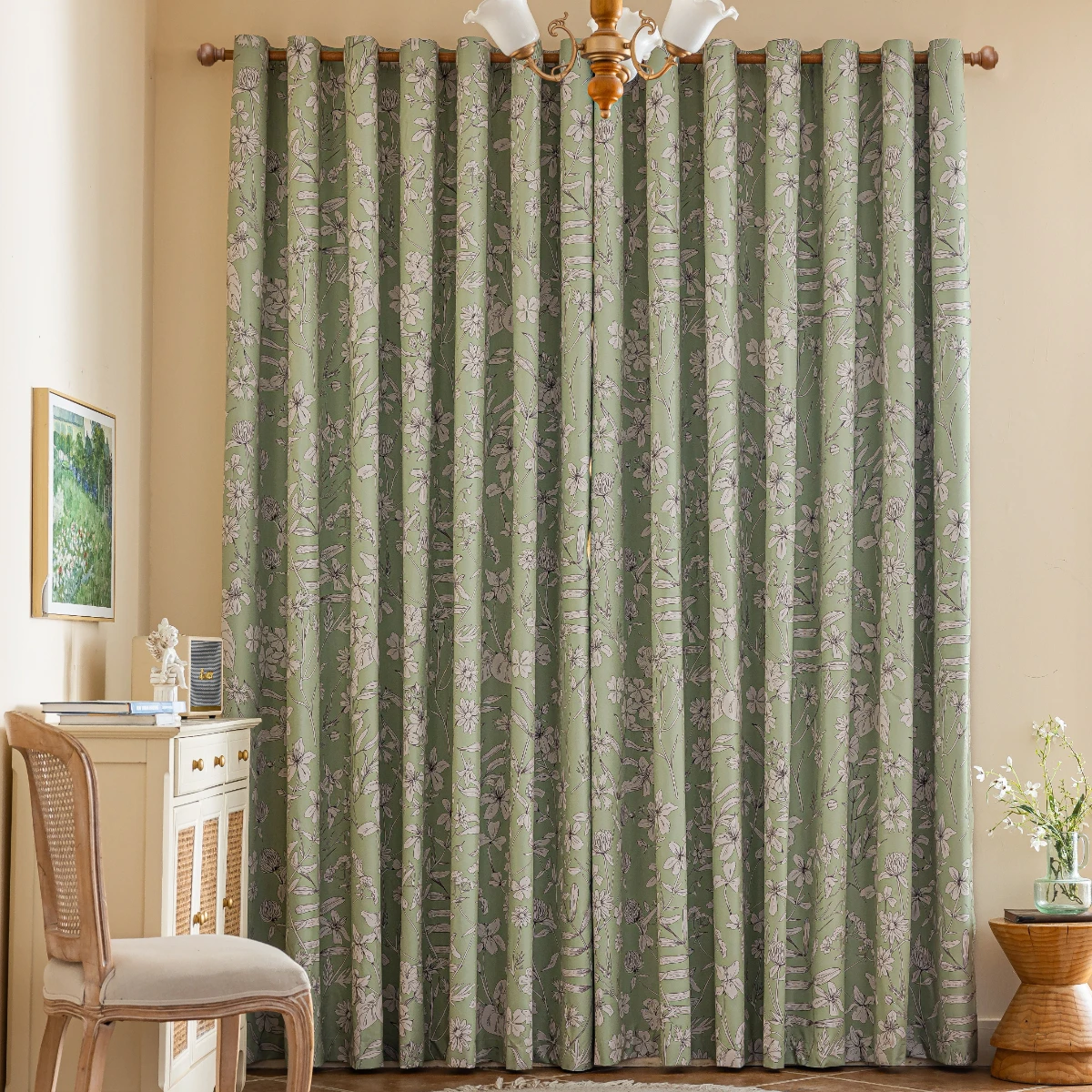 1Pc New Laminated Light Green Background Curtain with White Flower Design, 100% Blackout Fabric for Home Use, Blackout and Heat-Insulating Thickened Curtains, Decorative Rod-Pole Curtains for Living Room, Bedroom, Study