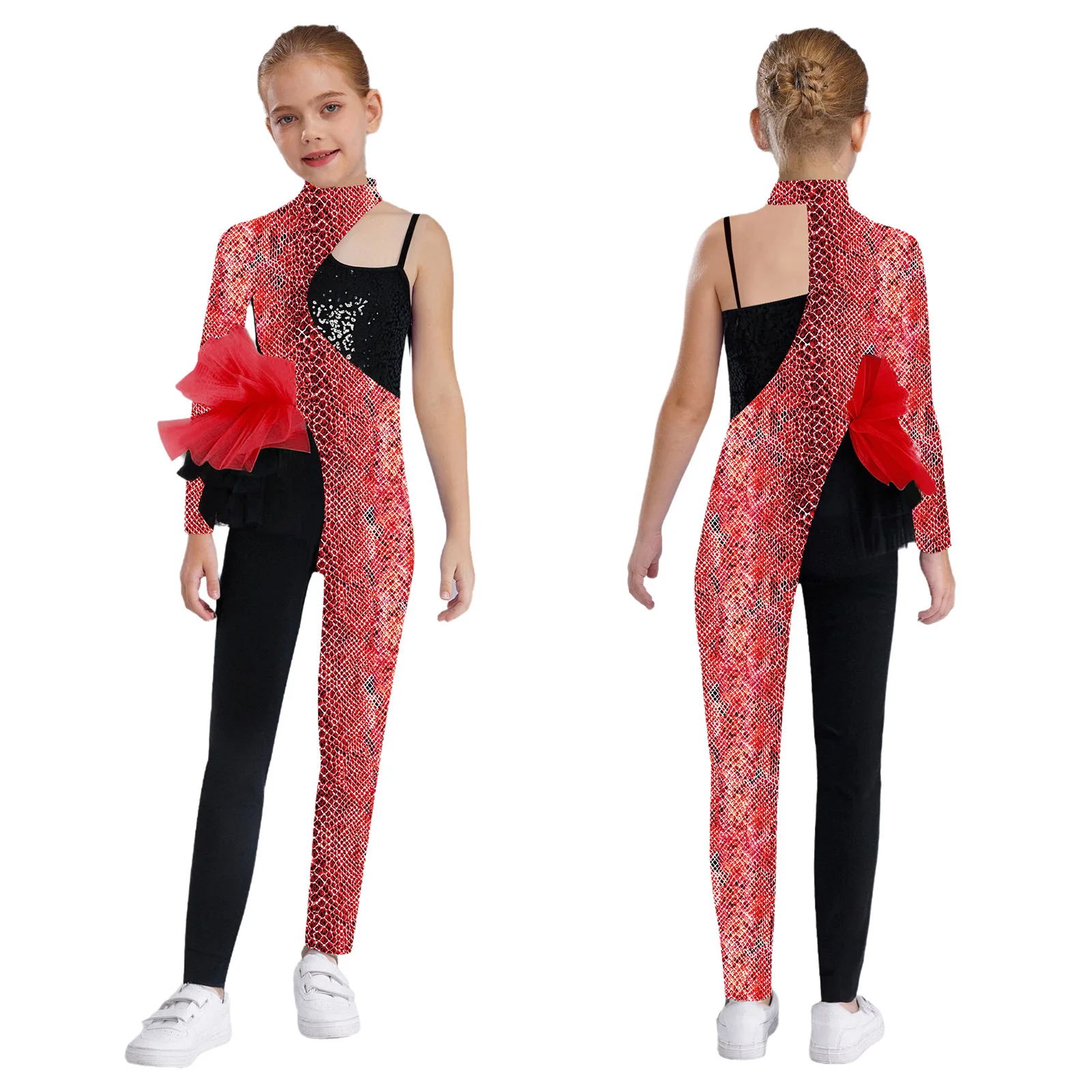 

Girls Latin Performance Dance Jumpsuit Asymmetrical Long Sleeve Sequin Printed Color Block Patchwork Side Tulle Peplum Costume