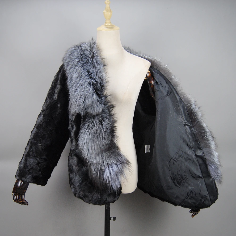 2024 New Style Fashion Women Winter Warm Real Genuine Knitted Mink Fur Shawl Wrap Cape Scarf With Fox Fur Collar Mink Coat