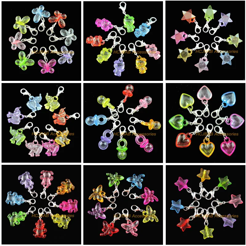 Fashion 16Pcs New Animal Bear Dragonfly Cat Elephant Star Bottle Charms Acrylic Mixed Pendants With Clasp