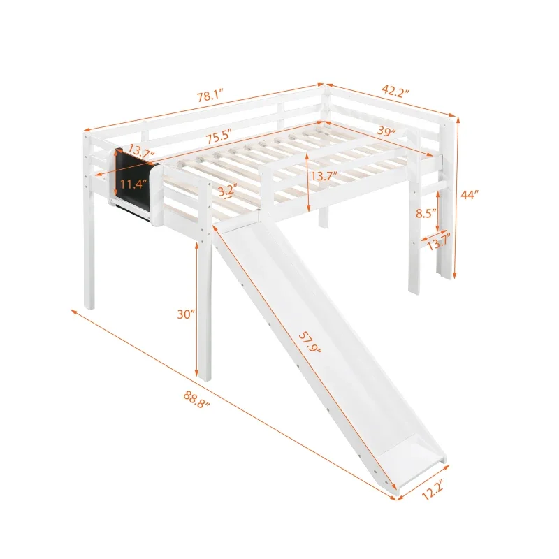 Cama Loft de madera con tobogán, escalera y pizarra, tamaño doble, blanco