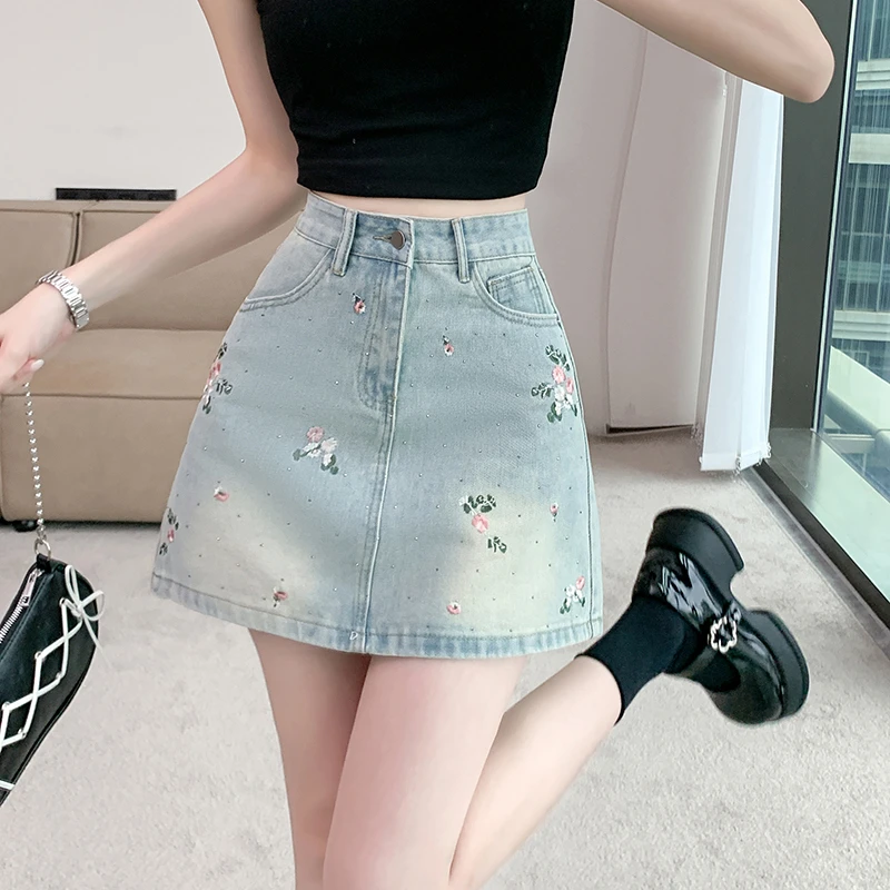 New Chinese national style flower embroidery cowboy bustier skirt female high-waisted thin anti-glare package hip skirt