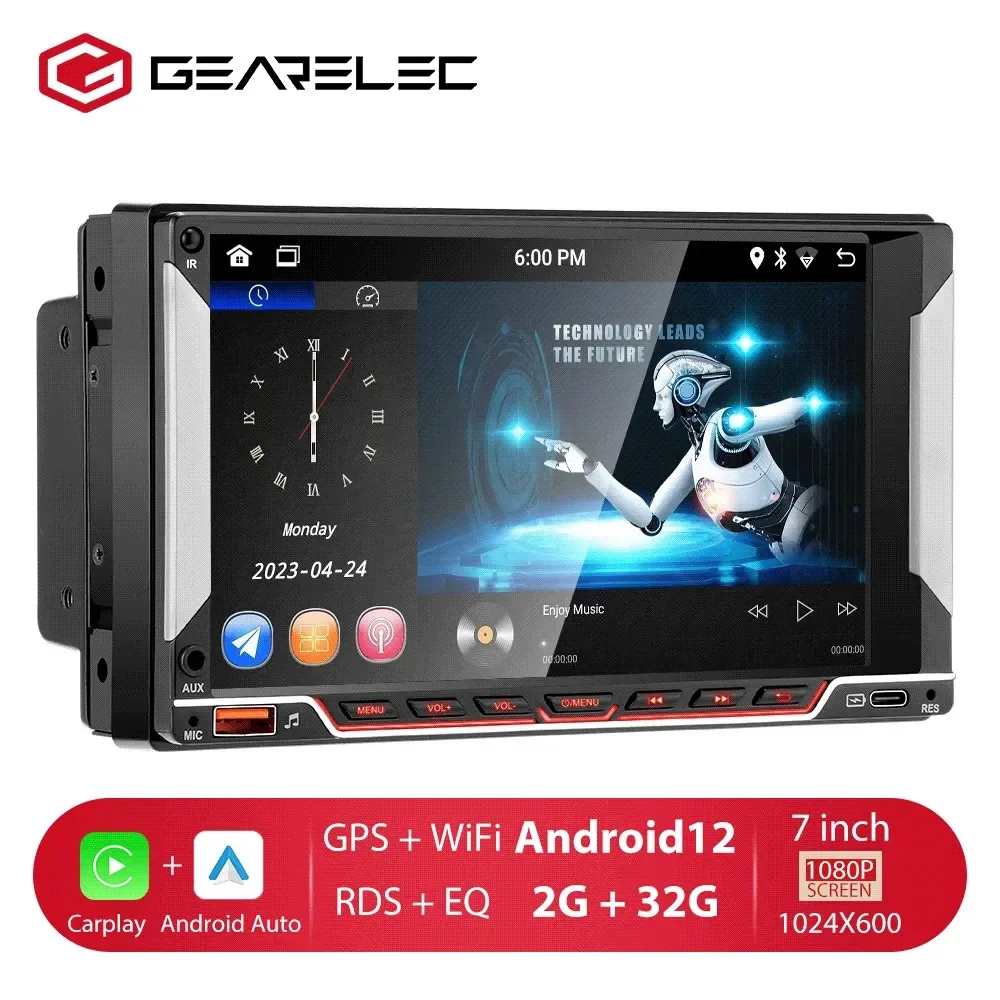 GEARELEC 2 Din Car Radio Android 12 Wireless CarPlay Android Auto Universal 7