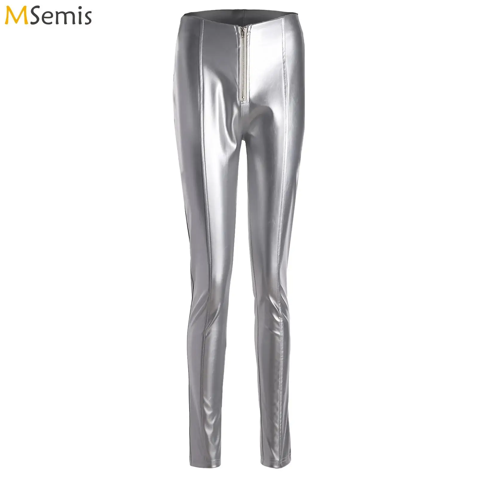 

Женские глянцевые леггинсы из искусственной кожи с передней молнией, с высокой талией, облегающие брюки из искусственной кожи, клубная одежда, уличная одежда, костюм для музыкальных фестивалей