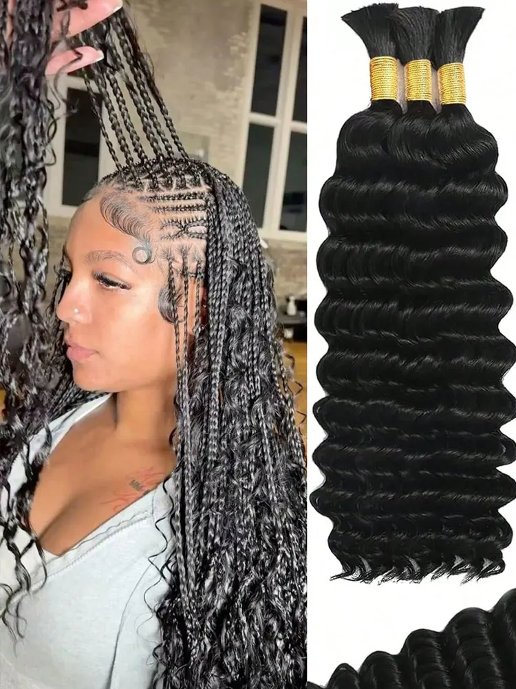 110g 2 Bundles/Pack 15A Human Braiding Hair Brazilian Deep Wave Human Hair Bundles For Braiding Natural Black Color Deep Curly Wave Bulk Human Hair Bundles No Weft Hair Bundles