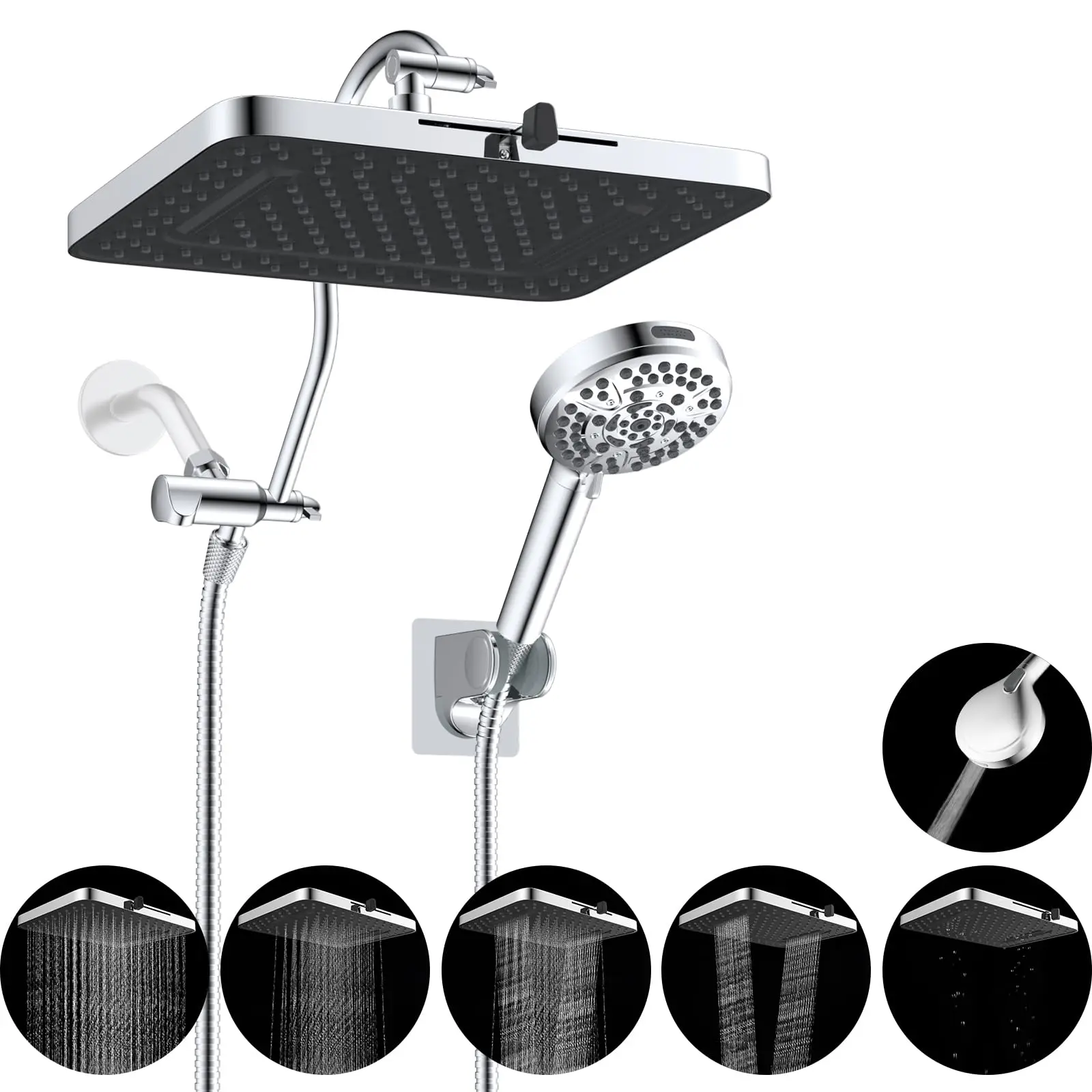 Upgraded 5-spray 13'' Shower Head, High Pressure Rainfall Shower Head, Dual Showerhead Combo with 10-mode Handheld Spray