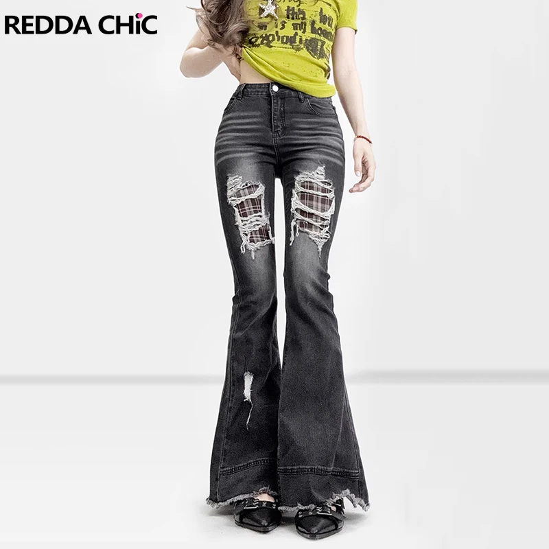 

REDDACHiC Plaid Patched Flare Jeans for Women Retro Do Old Raw Hem Ripped Tight Bootcut Pants Bell Bottoms Grunge Y2K Streetwear