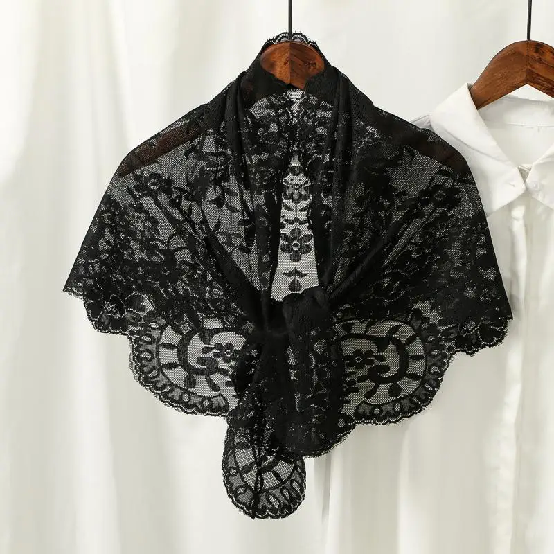 **1 unidad de mantilla tradicional española triangular de encaje blanco y negro para mujer, cubrecabeza, velo católico para iglesia cristiana**