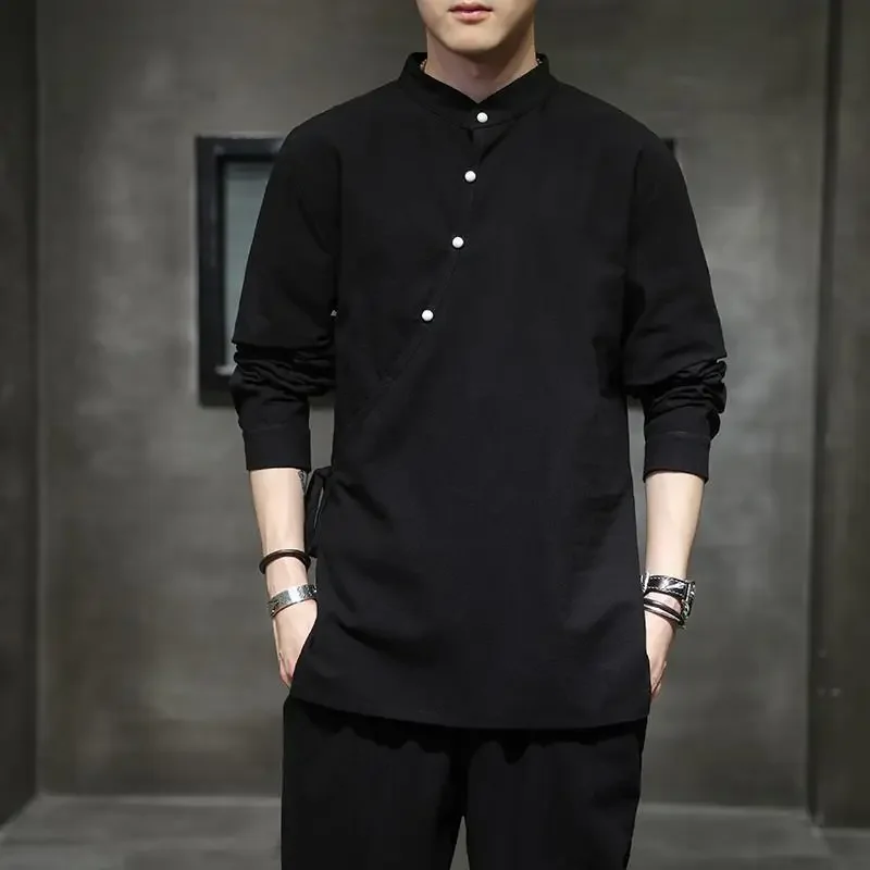 Camiseta de manga larga de algodón y lino de estilo chino, ropa interior, Top de ceremonia del té, traje Tang de Hanfu para hombre, ropa de monje de Meditación Zen