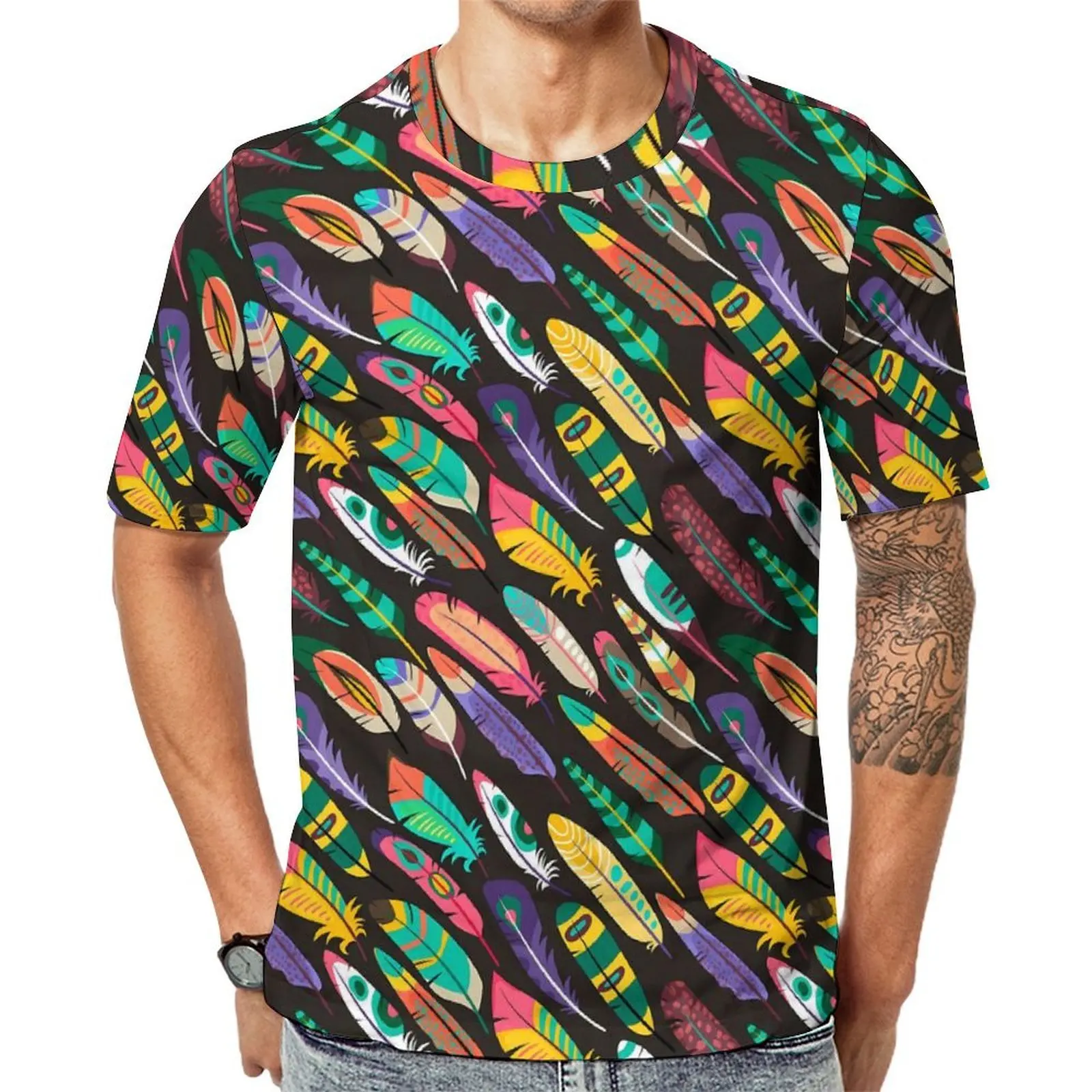 Colorful Feather T Shirt Yellow Green Novelty T Shirts Mens Y2K Casual Tshirt Summer Short-Sleeve Graphic Clothing Plus Size
