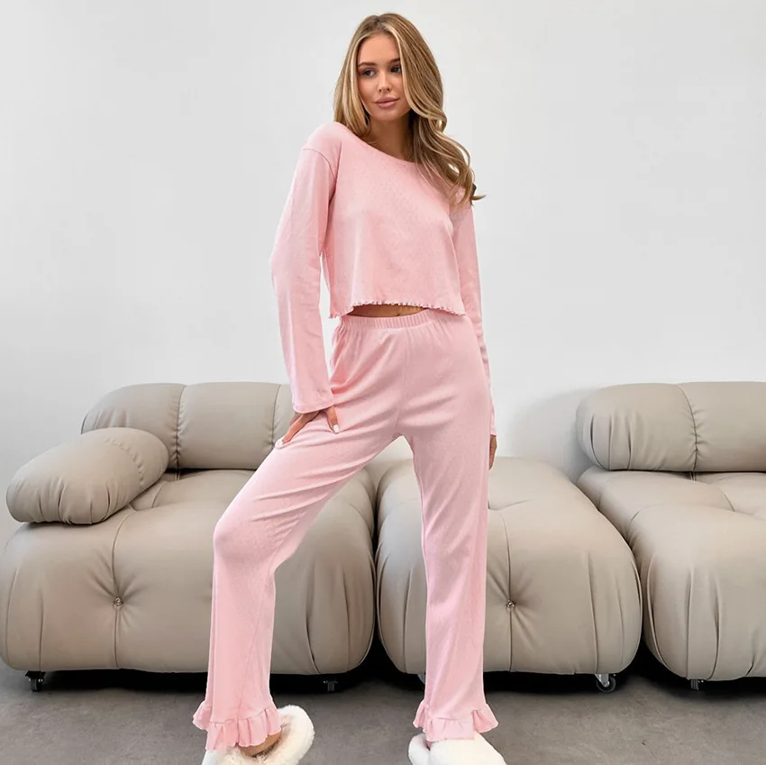 

Autumn Sleepwear Autumn Loose Knitted Breathable Comfortable Long-sleeved Long Pants Pajamas2 Pcs Set Home Wears Nightwear