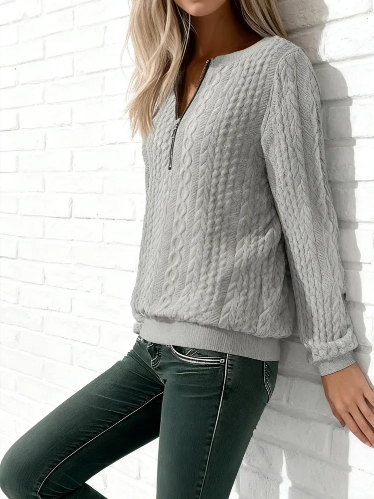 Neue Lose Gestrickte Halb Zipper V-ausschnitt Shirts Herbst und Winter Frauen T-shirt Casual Langarm Tops Einfarbig Büro Pullover