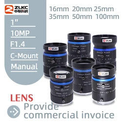 ZLKC 10MP Lens FA F1.4 Large Aperture 1 Inch C Mount Camera Lens 100mm 16mm 20mm 25mm 35mm 50mm Fixed Focus Machine Vision Lens