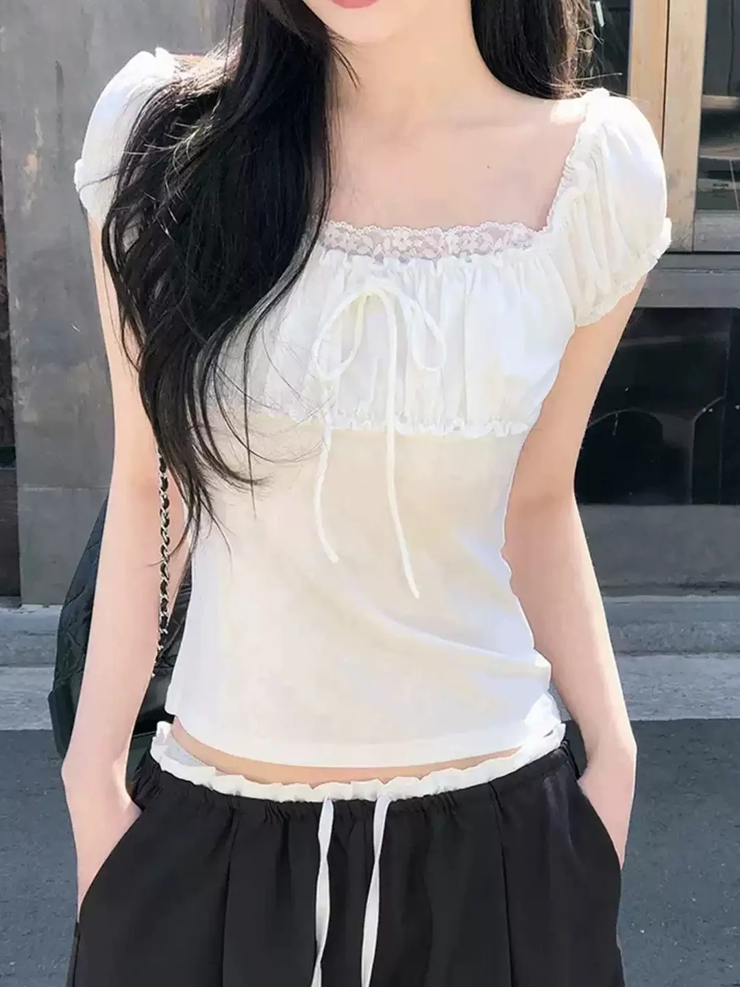 Slim Fit Lace Trim T-Shirt Women's Summer New Style Gentle Style Pleated Soft Atmosphere Quality Short Sleeve Cotton Top