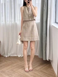 High Quality Autumn New Fashion Plaid Tweed  Fake Two Dress Women Elegant Single-breasted Temperament Mini Robe Ladies 2024