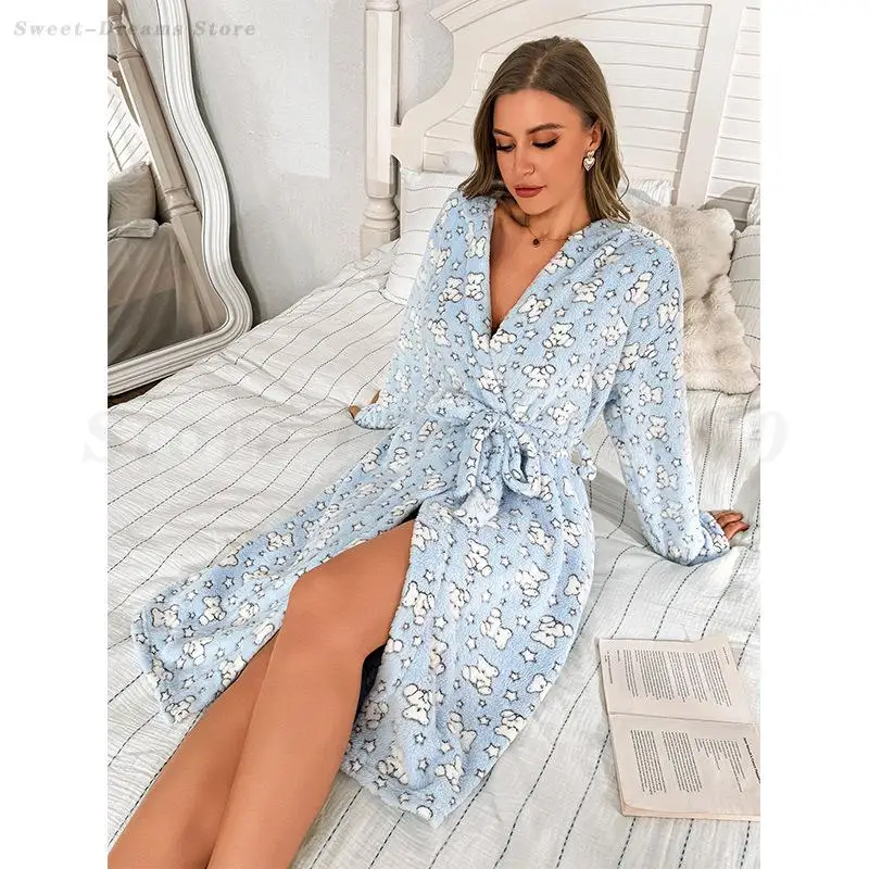 Thickened Autumn Winter Bathrobe Sleep Robe Women Warm Flannel Hooded Pajamas Kimono Bath Gown Sexy Sleepwear Home Dressing 3