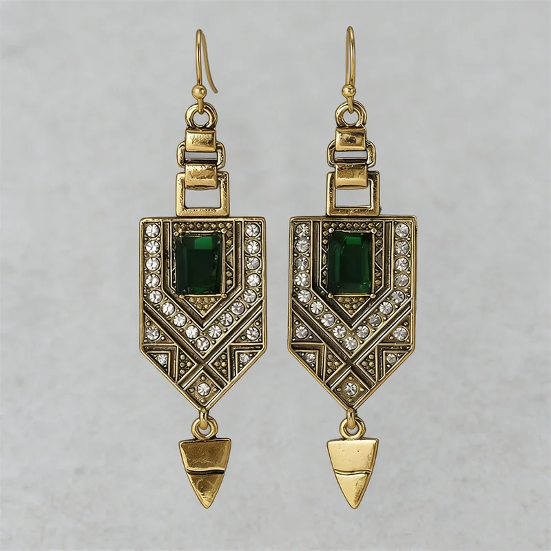 Ethnic Square Green Stone Earrings Vintage Originality Gold Color Metal Carving Pattern Hanging Accessory Dangle Earrings