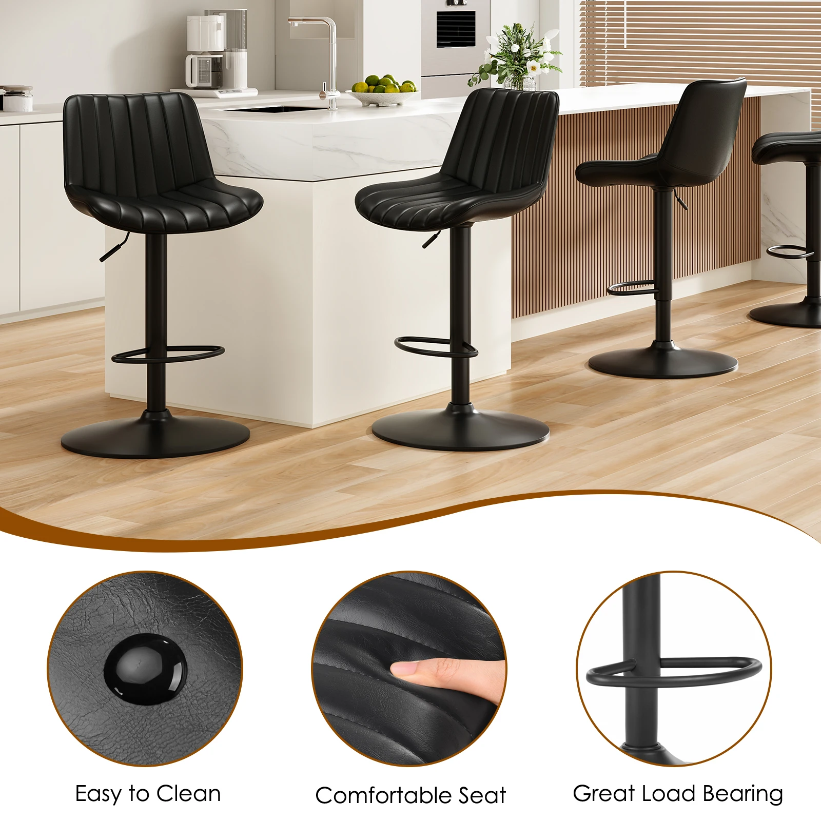 Farini Bar Stools Set of 2, Adjustable Swivel Counter Height Chairs with Back