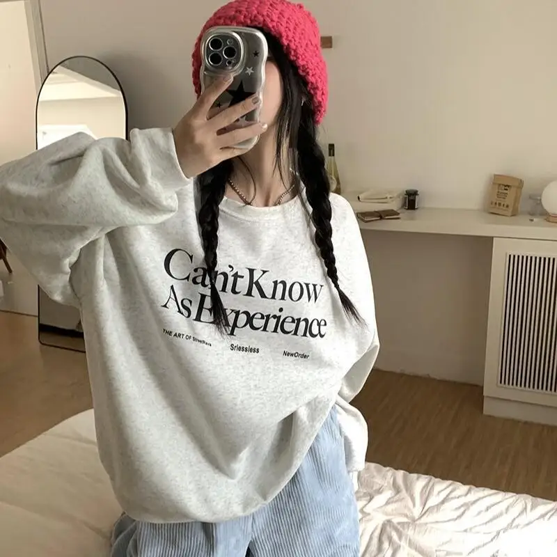 

Korean Style Women's Round Neck Sweatshirt Fleece Lined Thickened for Women Early Spring Fashion Letter Print Hoodie Pullover