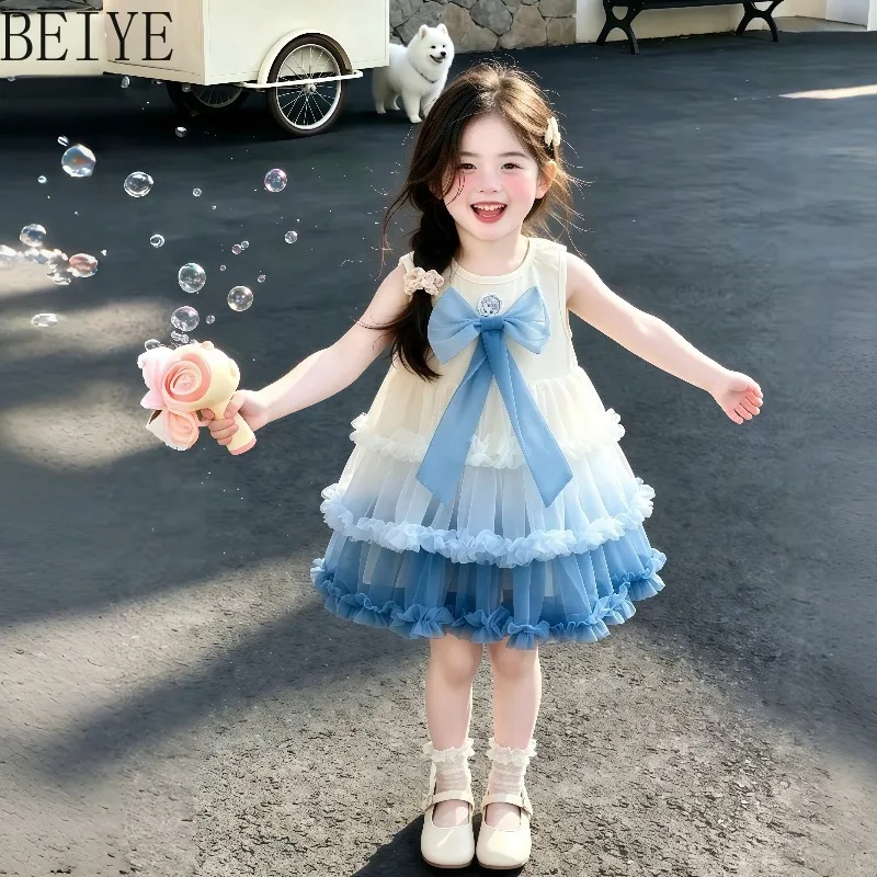 Big Blue Bow Cartoon Ruffle Cake Dress Girls Patch Tiered Sleeveless Gradient Tulle Dress Kids Summer Kawaii Princess Tutu Dress