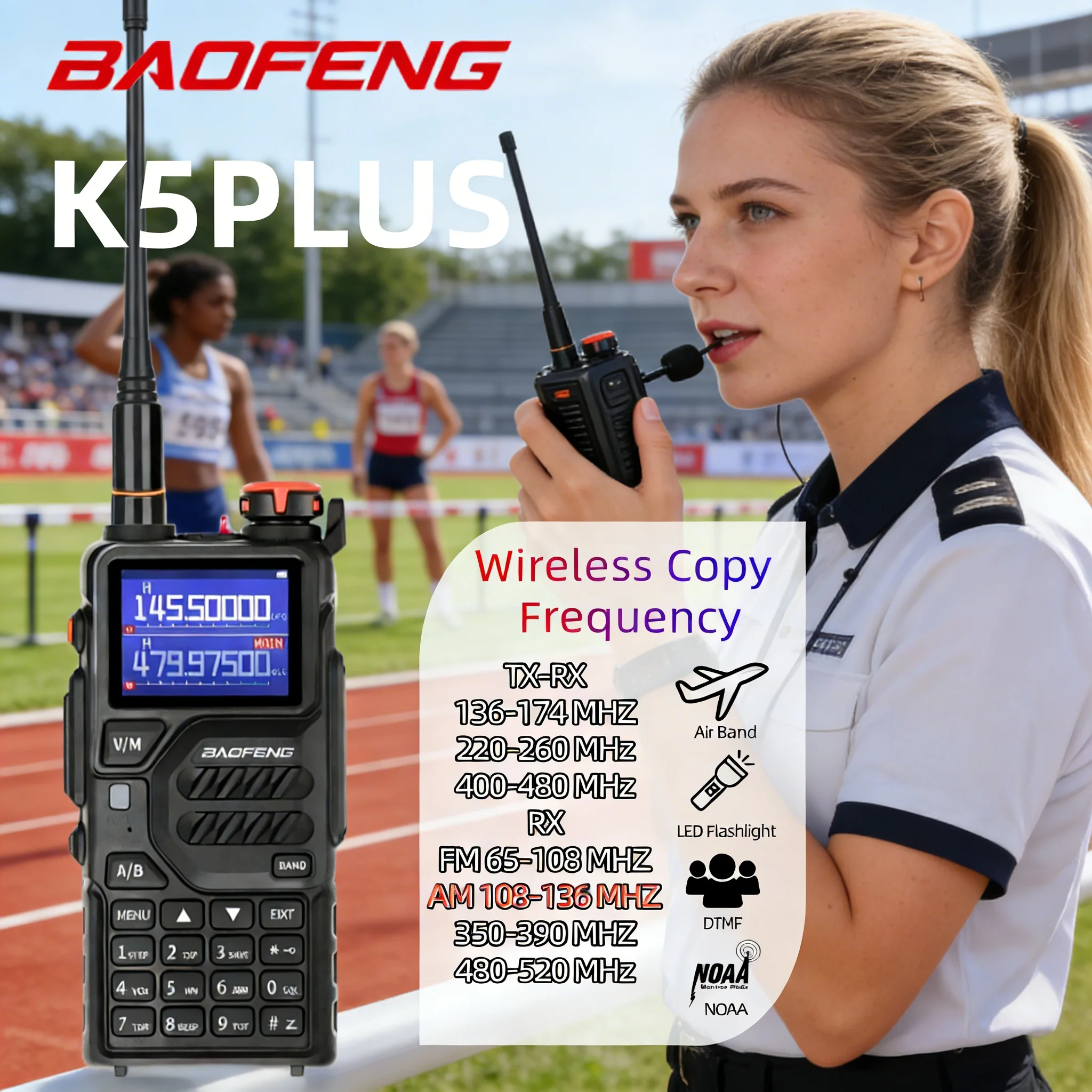 

Рации Baofeng UV-K5 Plus с выходной мощностью 10 Вт, дальность действия 5-10 км, авиационный диапазон, двусторонняя связь, частоты 118-136 МГц