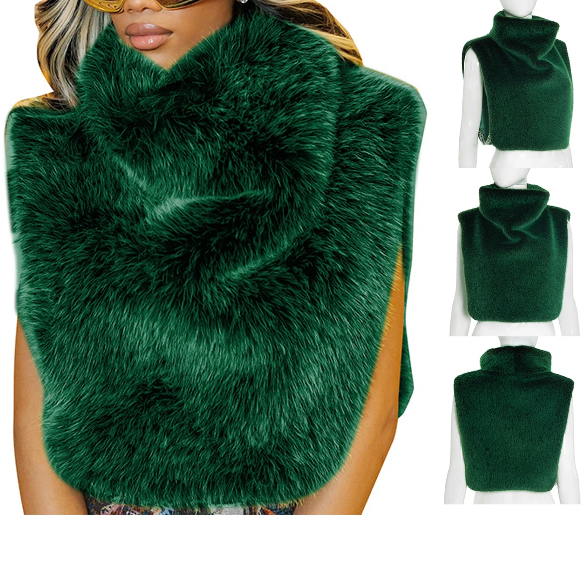 Fashion Slim Faux Fur Sleeveless Vests for Women 2026 Autumn Winter Turtleneck Metal Chains Fake Furry Cropped Jackets Female