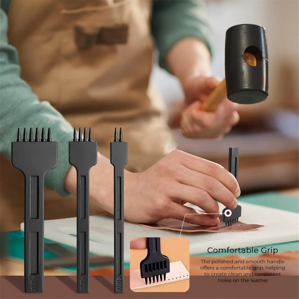 ABJY 3 قطع خياطة جلدية 4 مم، 2/4/6 شق برباط ثقب لكمة إزميل خياطة جلدية #6