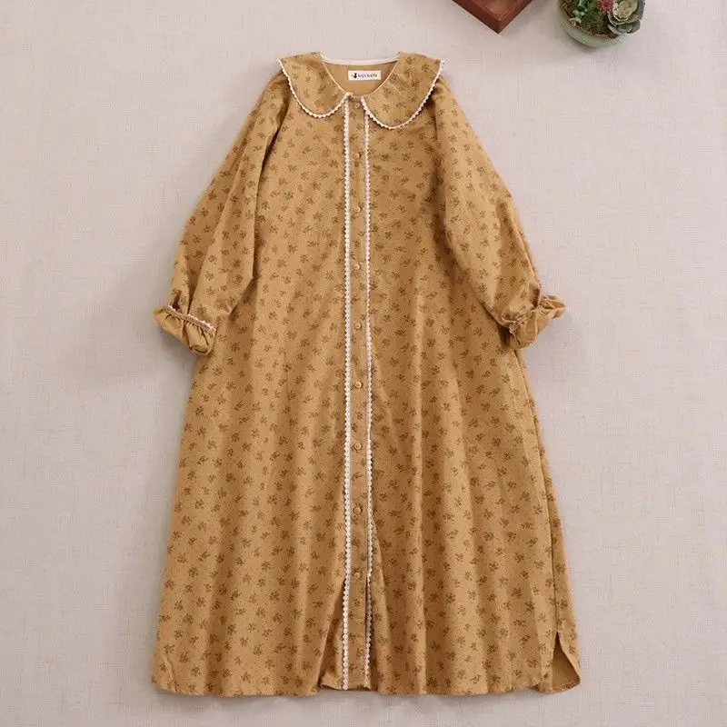 Mori Girl Style Floral Print Cute Doll Collar Long-sleeved Dress Loose Casual Retro Spring Fall Aesthetic Mid-length Women Dress