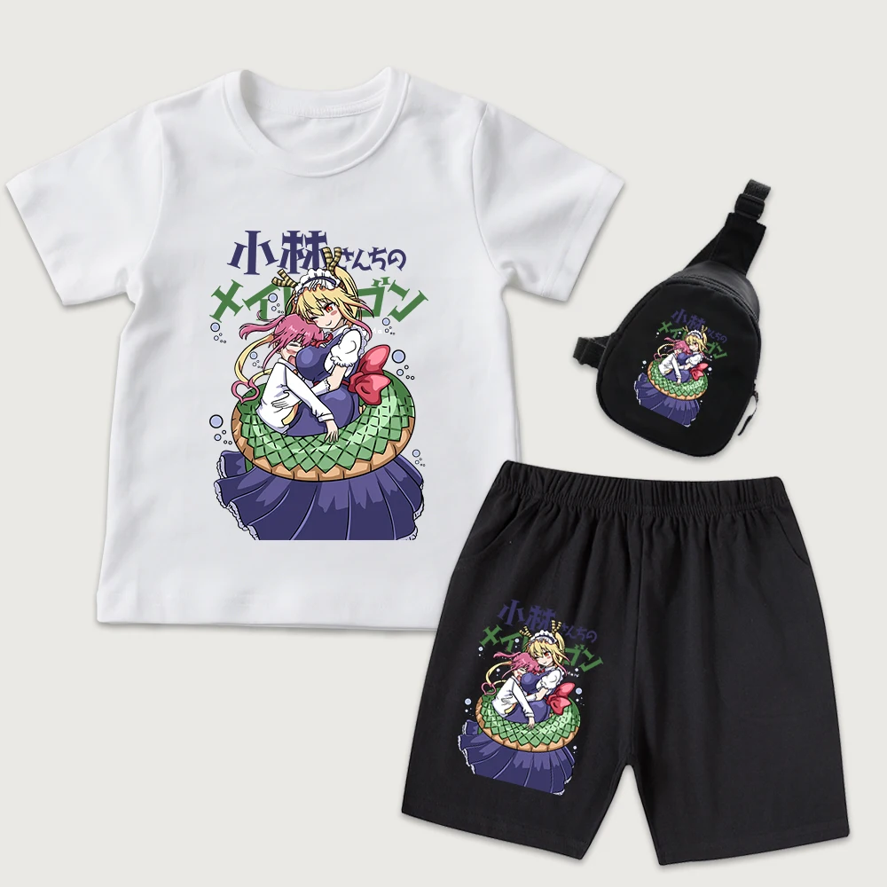 Kids Dragon Maid Kobayashi x Tohru Anime Print Cotton T Shirt Shorts Set Mini Chest Bag 3Pcs Outfit for Boys Girls Summer Casual