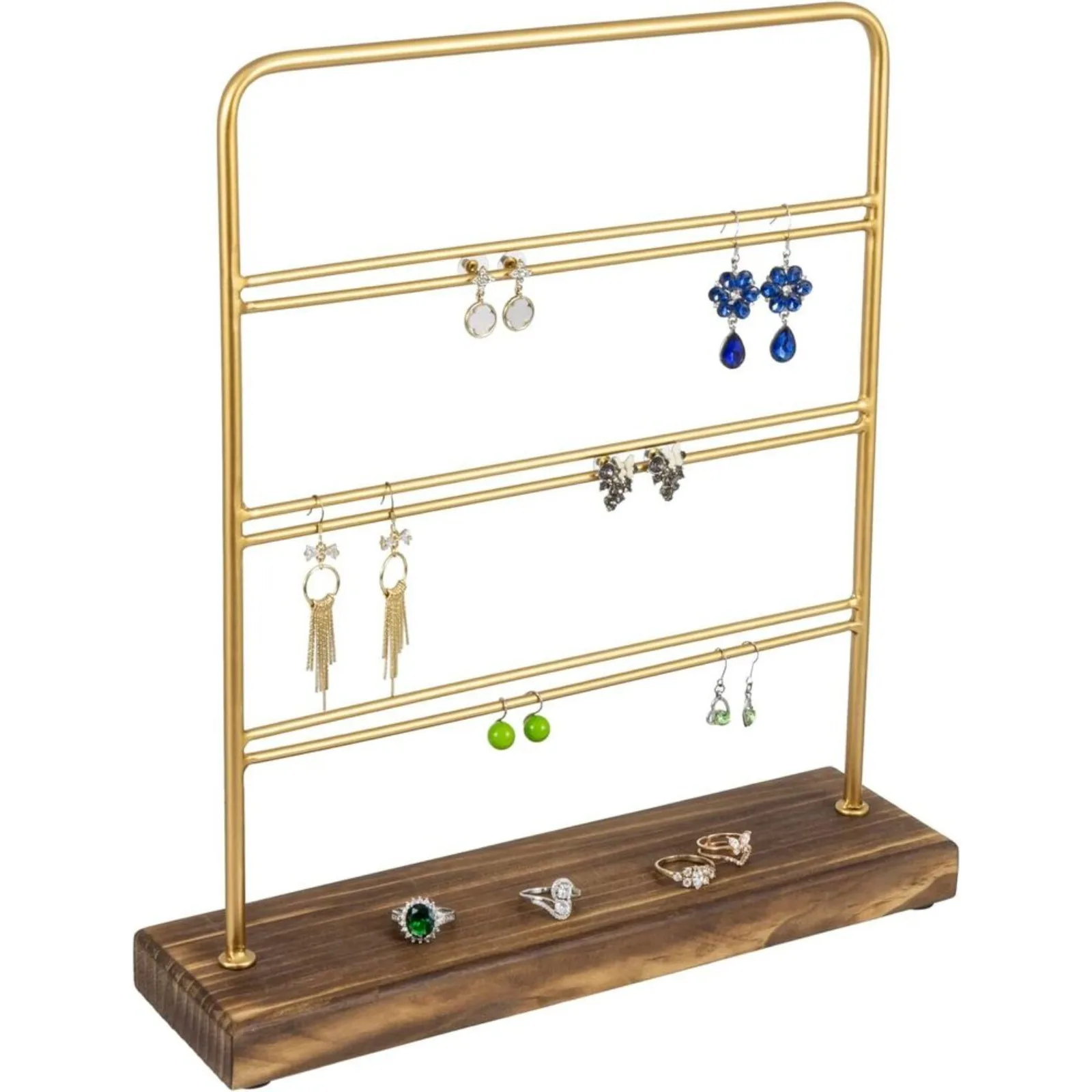 

3 Tier Brass Metal & Burnt Wood Earring Holder, Jewelry Organizer Display Tower United States