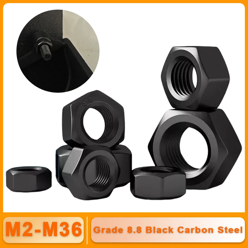 Black Hexagon Hex Nuts M2 M2.5 M3 M4 M5 M6 M8 M10 M12 M14 M16 M18 M20 M22 M24 M27 8.8 Carbon Steel Metric Hex Nuts