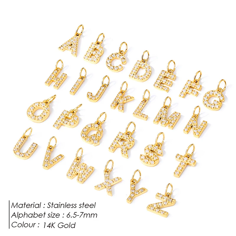 Waterproof Stainless Steel Cubic Zirconia Stone Paved Initial 26 English Letter A-Z Charms Collar Chain Necklace DIY Jewelry