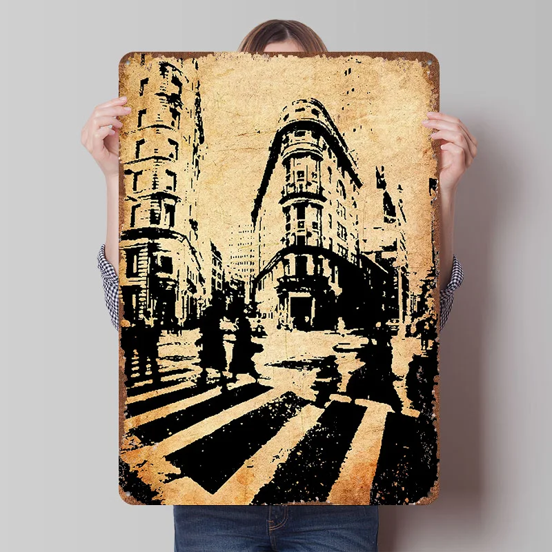 Stadtstraßenszene mit Fußgängern Blechposter Individuelle Wandkunst Vintage Metallschilder Retro Blechschild zur Raumdekoration Gemütlich