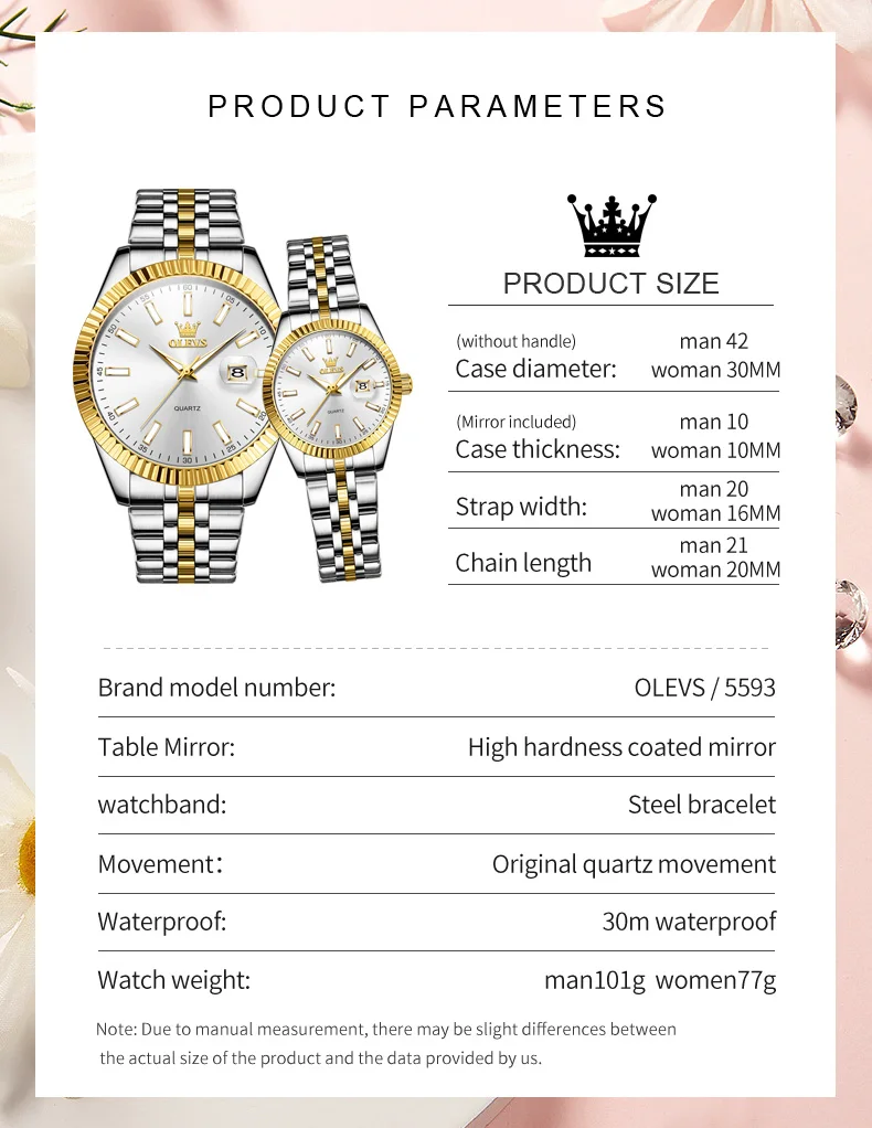 OLEVS 5593 Fashion Calendar Quartz Couple Wristwatch Luxury Original Waterproof Watch For Men Women Stainless Steel Dress Watch