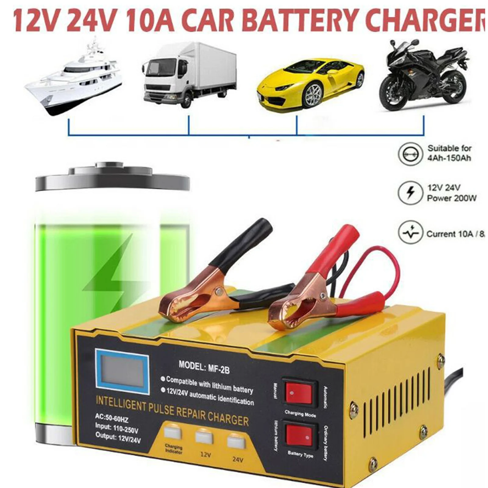 Car Battery Chargers 12V/24V Intelligent Pulse Repairing Charge Device Automotive Battery Trickle Maintainer for Car Truck Motor