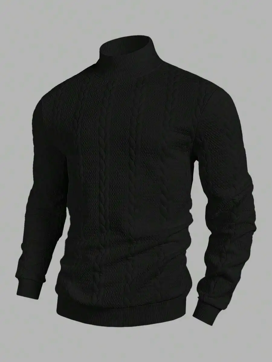 

Men's Black Cable Knit Turtleneck Long Sleeve Casual Pullover Sweater