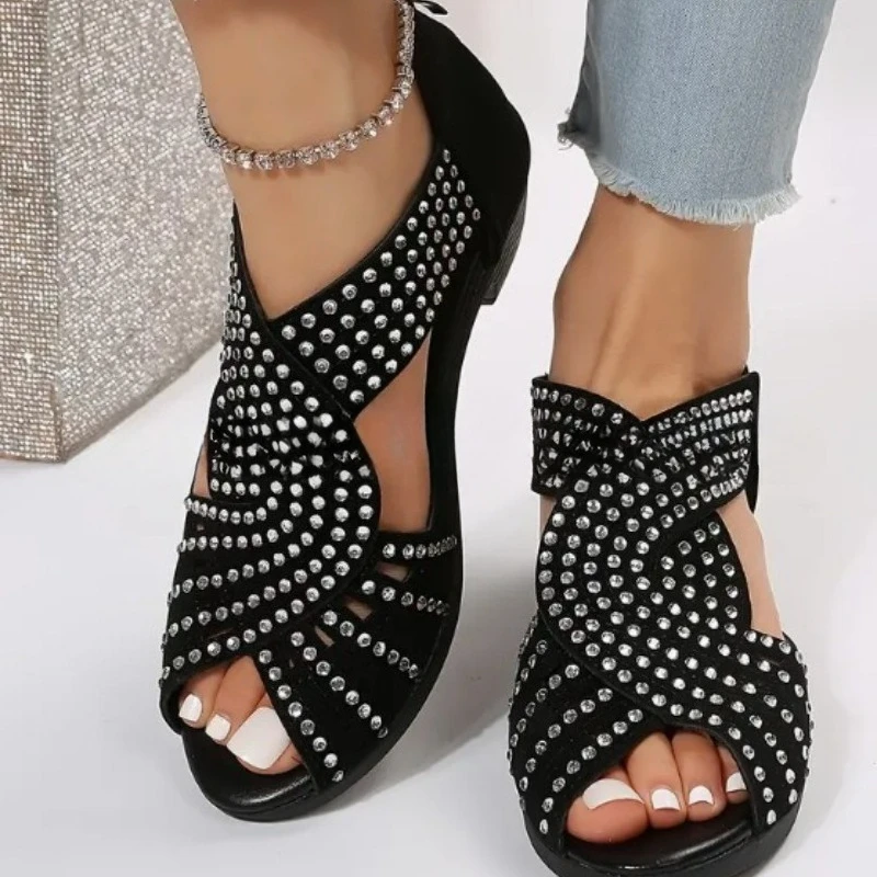Modische Vielseitige Damenschuhe Sommer Neue Peeptoe-Absatzsandalen Weiche Sohle Rutschfeste Damen-Strass-Sandalen Босоножки Женские – Detail 8