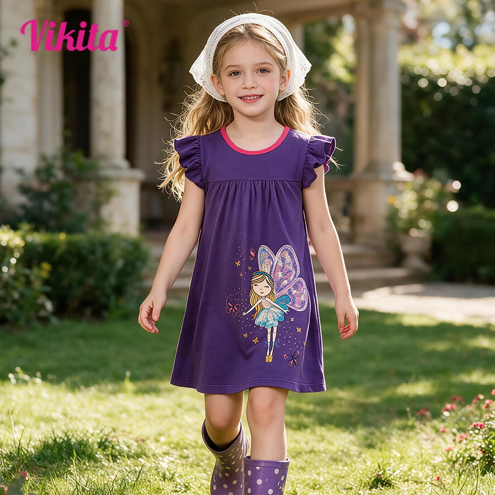 VIKITA Toddlers Purple Fairy Sequined Appliqued Dress Kids Summer Cotton Casual Butterfly School Daily Outfit Children Clothing