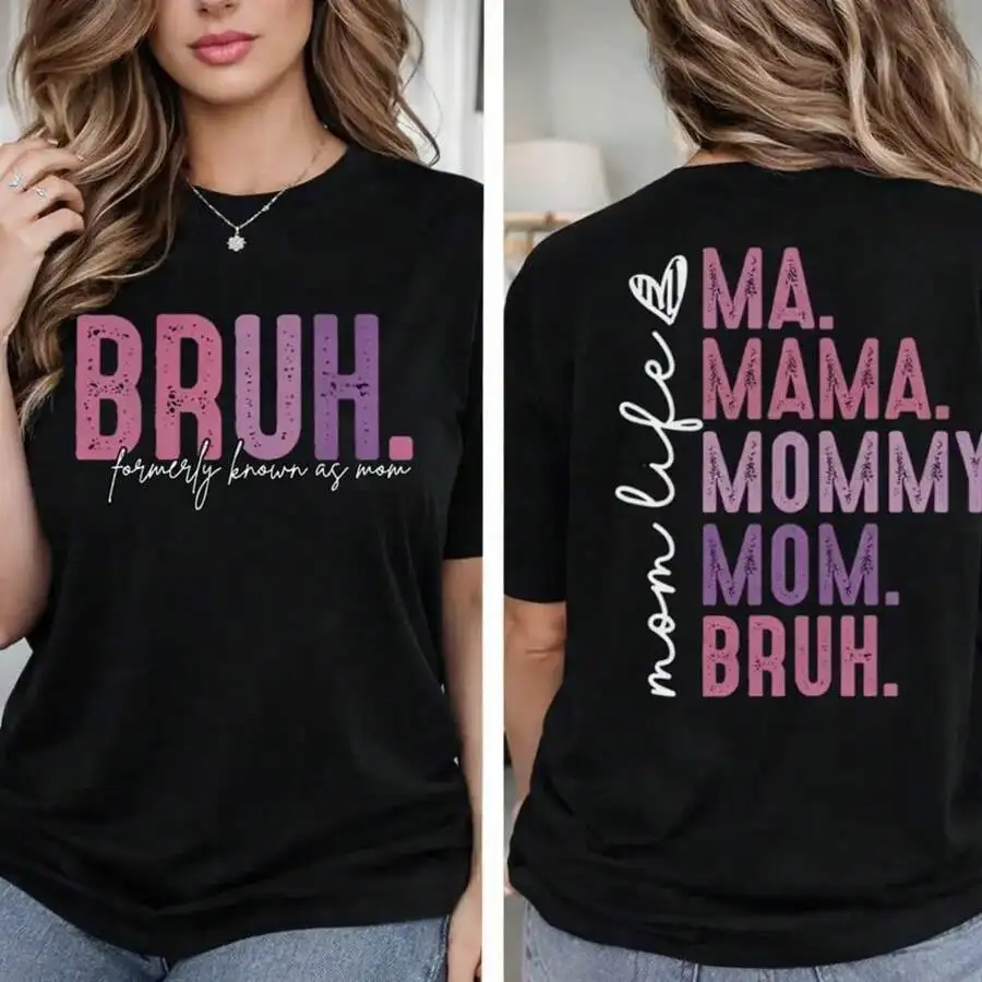 Black Women Oversized Graphic Tee Bruh Formerly Known As Mom Double Sided Distressed Gradient Letter Print Mom Life Funny Mother’s Day Gift Round Neck Cotton Short Sleeve Casual Mommy Mom Era Top