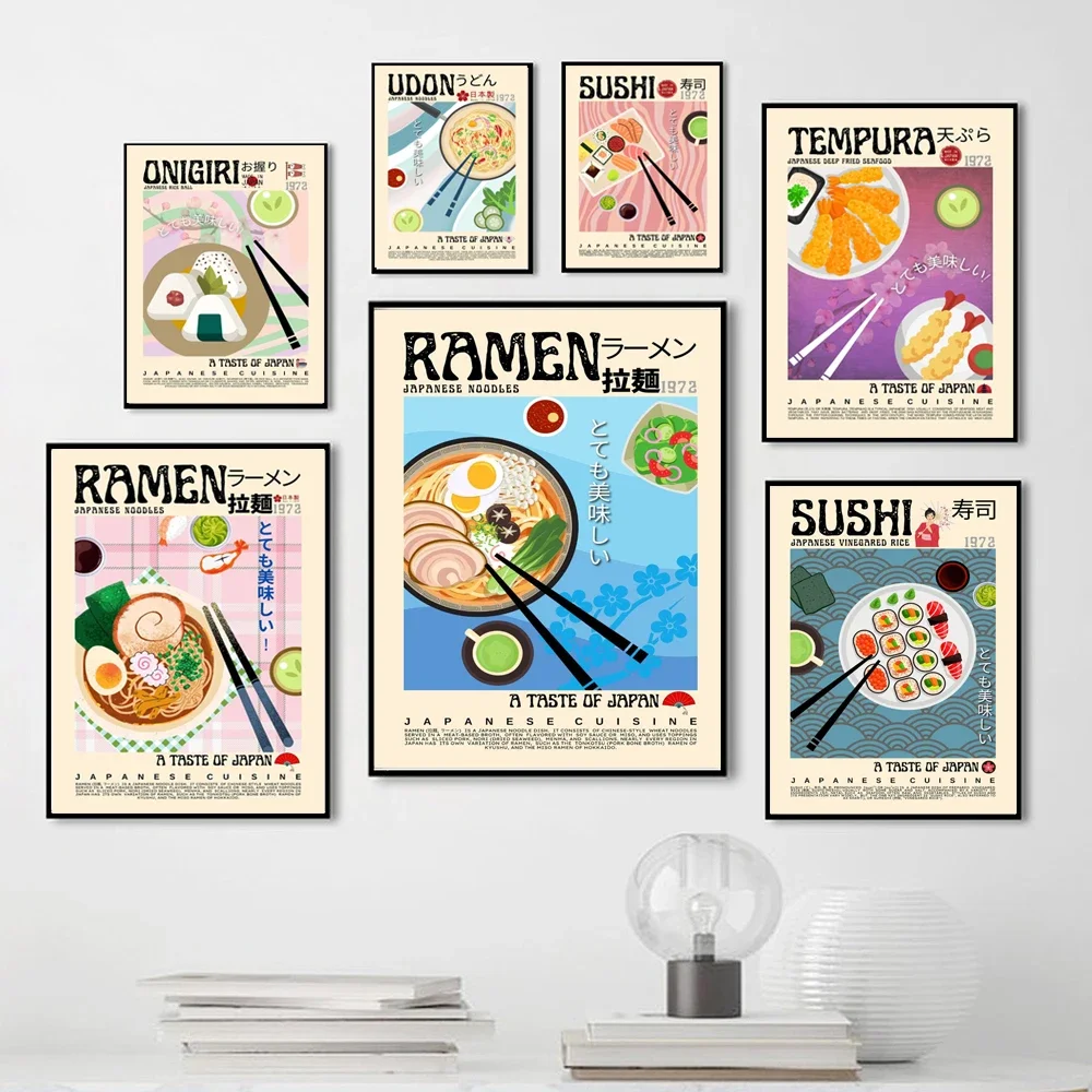 Póster Retro de comida japonesa Ramen Tempura Onigiri Sushi Udon, imágenes artísticas de pared, pintura en lienzo de cocina asiática moderna, decoración de cocina