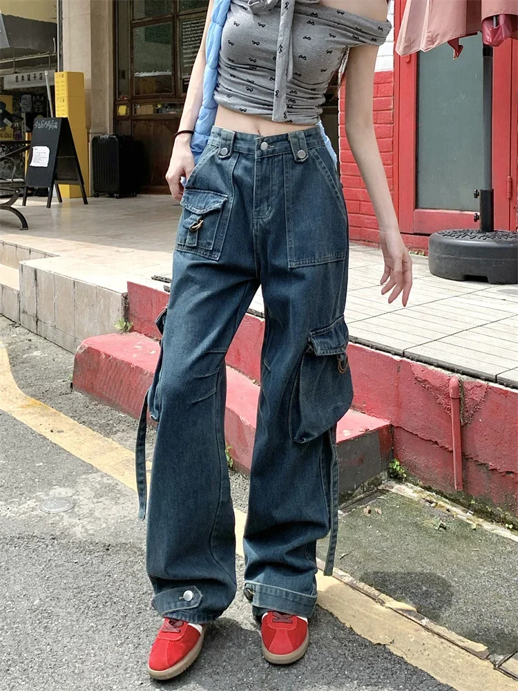 Women's Multi Pocket Wide Leg Cargo Jeans Cool Girl Street Style Fashion Straight Pants Female High Waist Denim Trousers