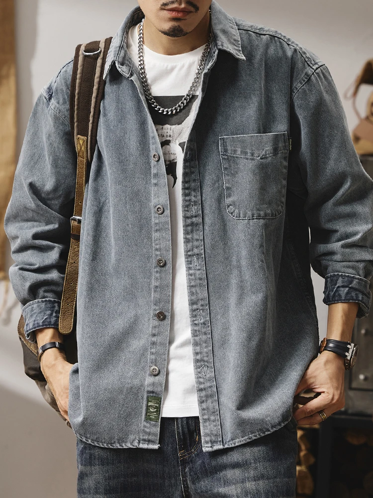 Camicia di jeans da uomo, giacca da lavoro blu americana primaverile e autunnale, giacca a maniche lunghe antirughe casual per giovani di inizio autunno