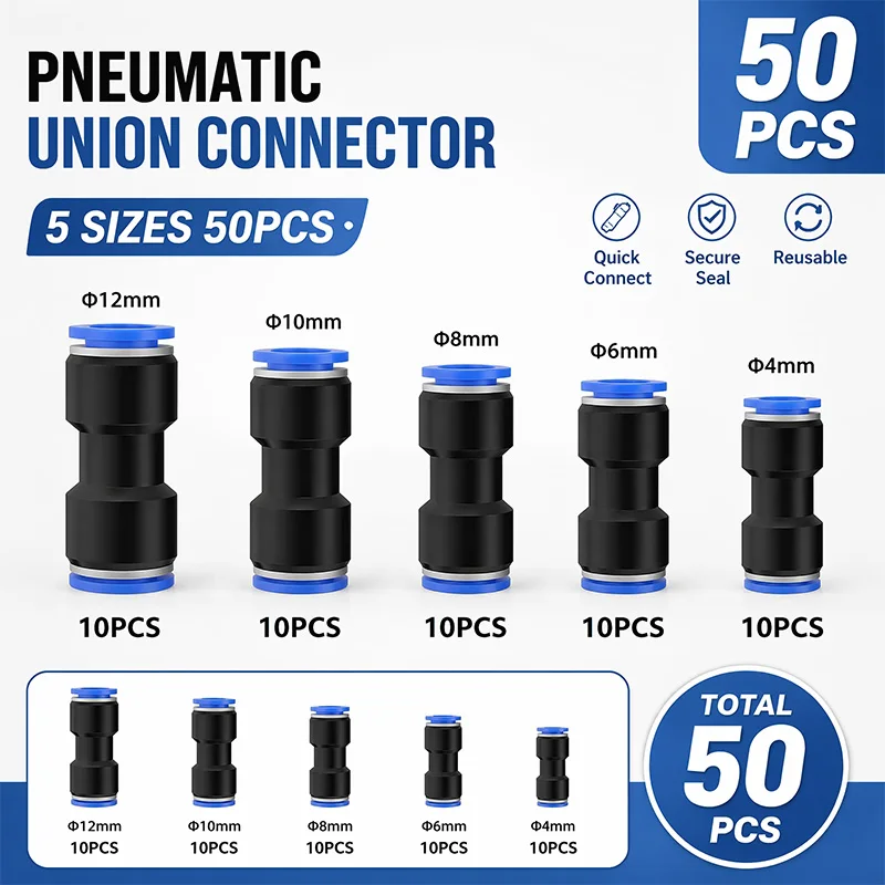 50Pcs Pneumatic Union Connector Kit 4mm 6mm 8mm 10mm 12mm Straight Push In Joint Air Tube Hose Quick Release Fittings Fitting